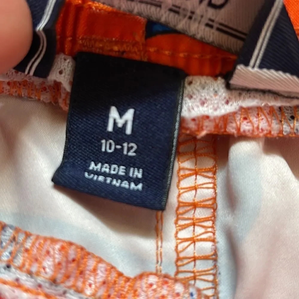 Lands’ End Boys Orange Swim Trunks w/Blue Dolphins & Elastic Waist (Size: Boys M